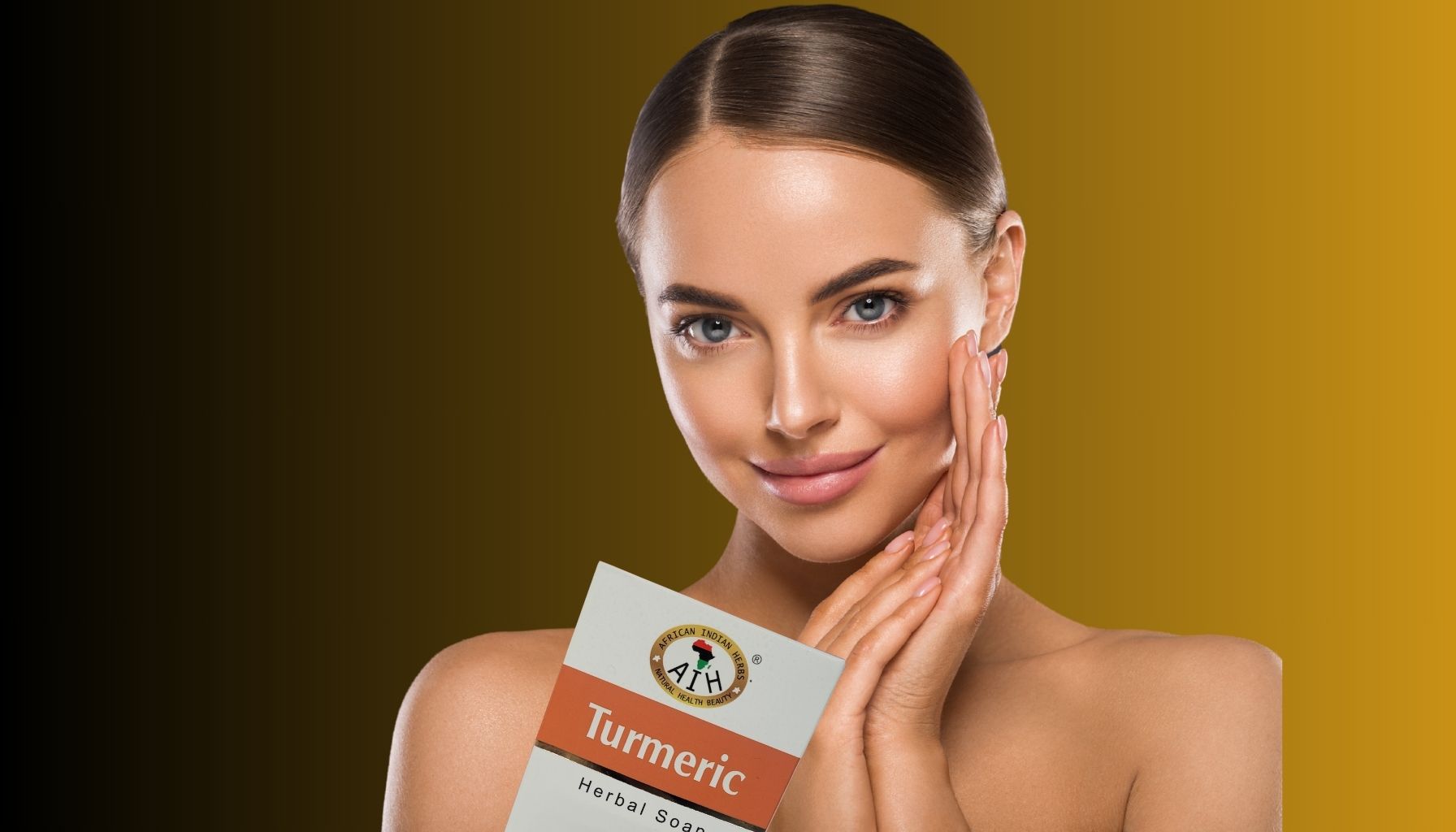 Best turmeric soap for glowing skin-organiclifeherbs.com a close shot of a beautyful face women with glowing skin smiling,turmericsoap pack is showing in the front