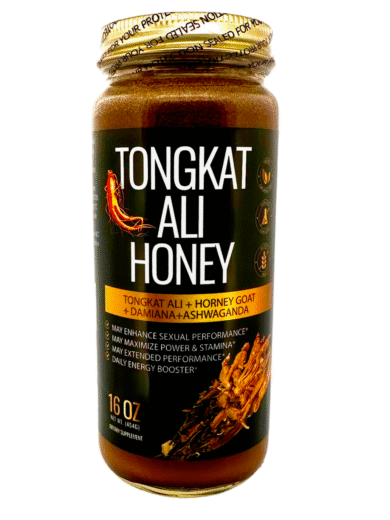 image of tongkat ali honey -showing a close image of bottle / jar filled with honey